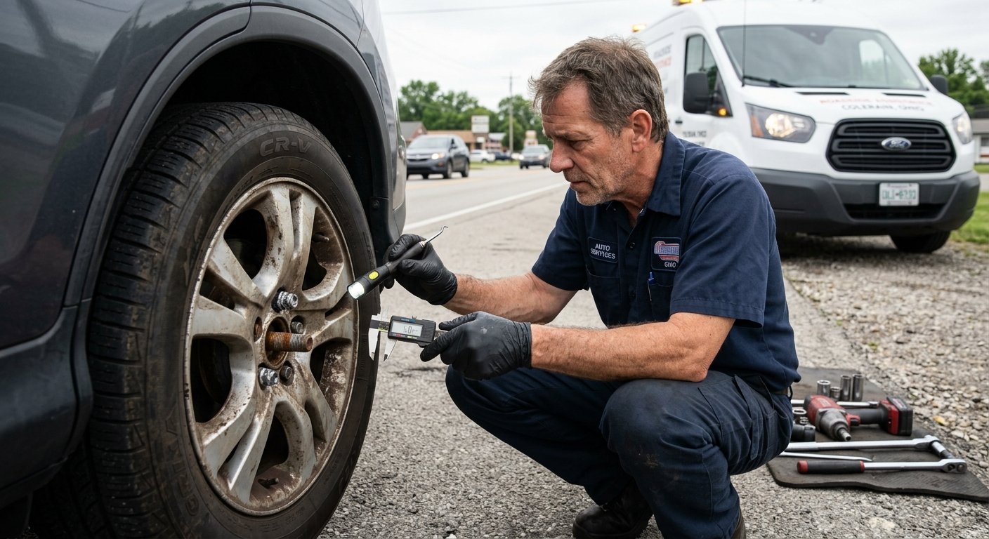 Professional Broken Lug Nut Removal in Colerain, OH with mechanic inspecting damaged lug nut
