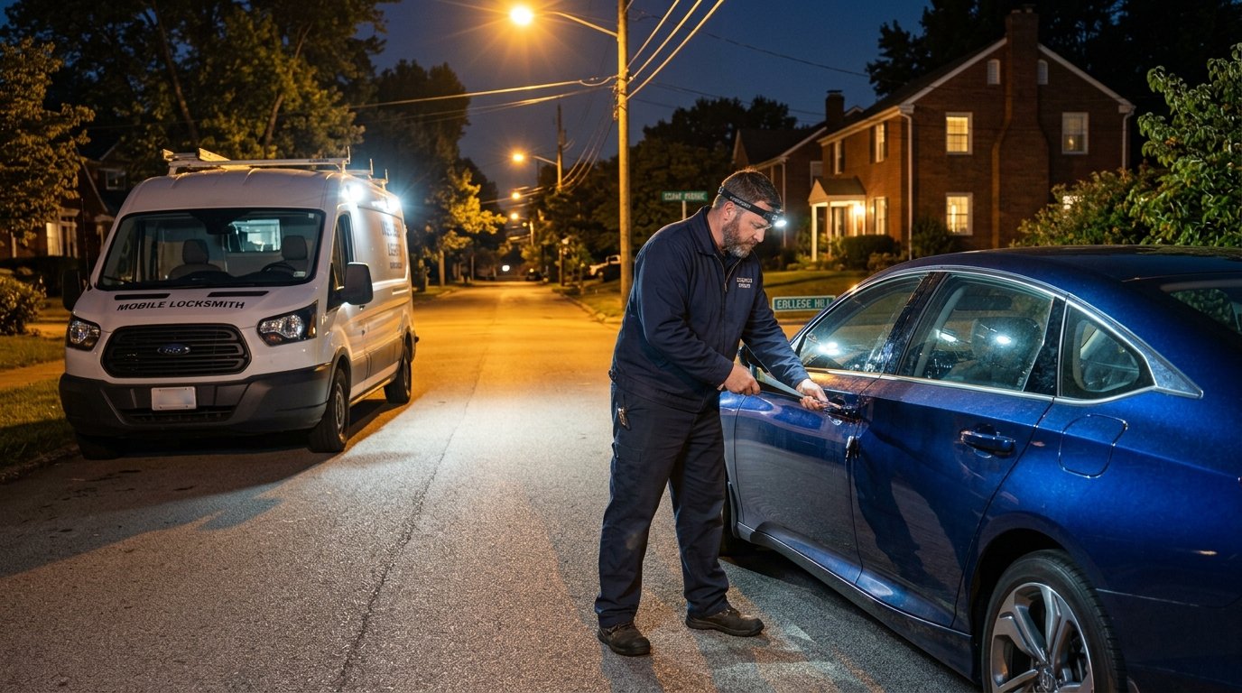 24 Hour Car Lockout Services in College Hill, OH helping a driver at night